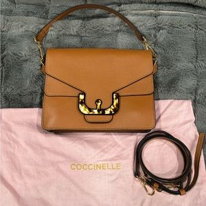 COCCINELLE Brown Caramel AMBRINE Double Flap Leather Shoulder Bag